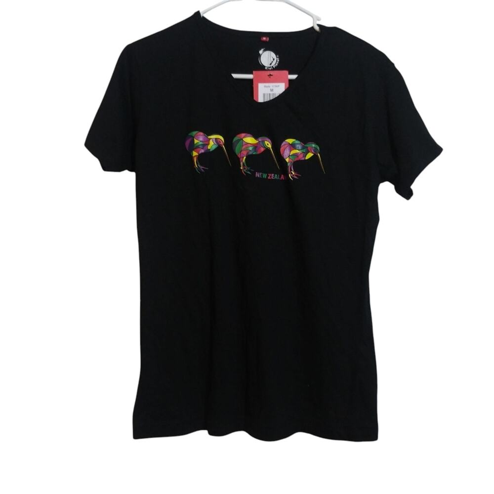 Kiwi Planet New Zealand Mosaic Kiwi Black T-Shirt with Colorful Kiwi Design Sz M